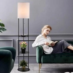 63 in. Round Floor Lamp with Shelves, Black Bookshelf Lamp with 2 USB Ports by Cedar Hill