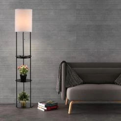 63 in. Round Floor Lamp with Shelves, Black Bookshelf Lamp with 2 USB Ports by Cedar Hill -Bella Depot || ULTRALAST GREEN Sales black bookshelf lamp cedar hill floor lamps 420702 fa 1000
