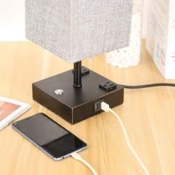 15 in. Black Desk lamp with Charging Outlet and USB Port Fabric Shade by Cedar Hill 15 15 in. Black Desk lamp with Charging Outlet and USB Port Fabric Shade by Cedar Hill -Bella Depot || ULTRALAST GREEN Sales black cedar hill desk lamps 421008 fa 1000