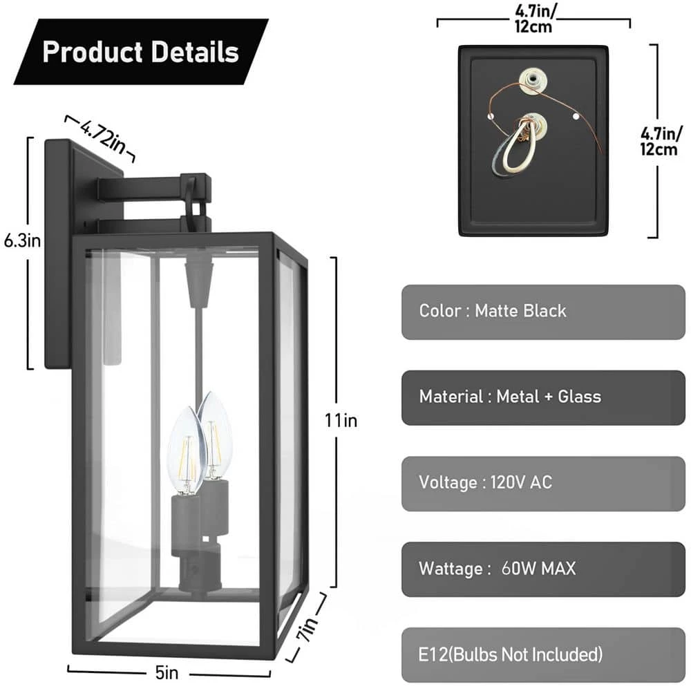 14 in. Black Metal Outdoor Wall Lantern Sconce Light (Set of 2) by Cedar Hill 7 14 in. Black Metal Outdoor Wall Lantern Sconce Light (Set of 2) by Cedar Hill - Image 5