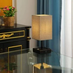 15 in. Black Desk lamp with Charging Outlet and USB Port Fabric Shade by Cedar Hill 15 15 in. Black Desk lamp with Charging Outlet and USB Port Fabric Shade by Cedar Hill -Bella Depot || ULTRALAST GREEN Sales black cedar hill table lamps 411008 31 1000