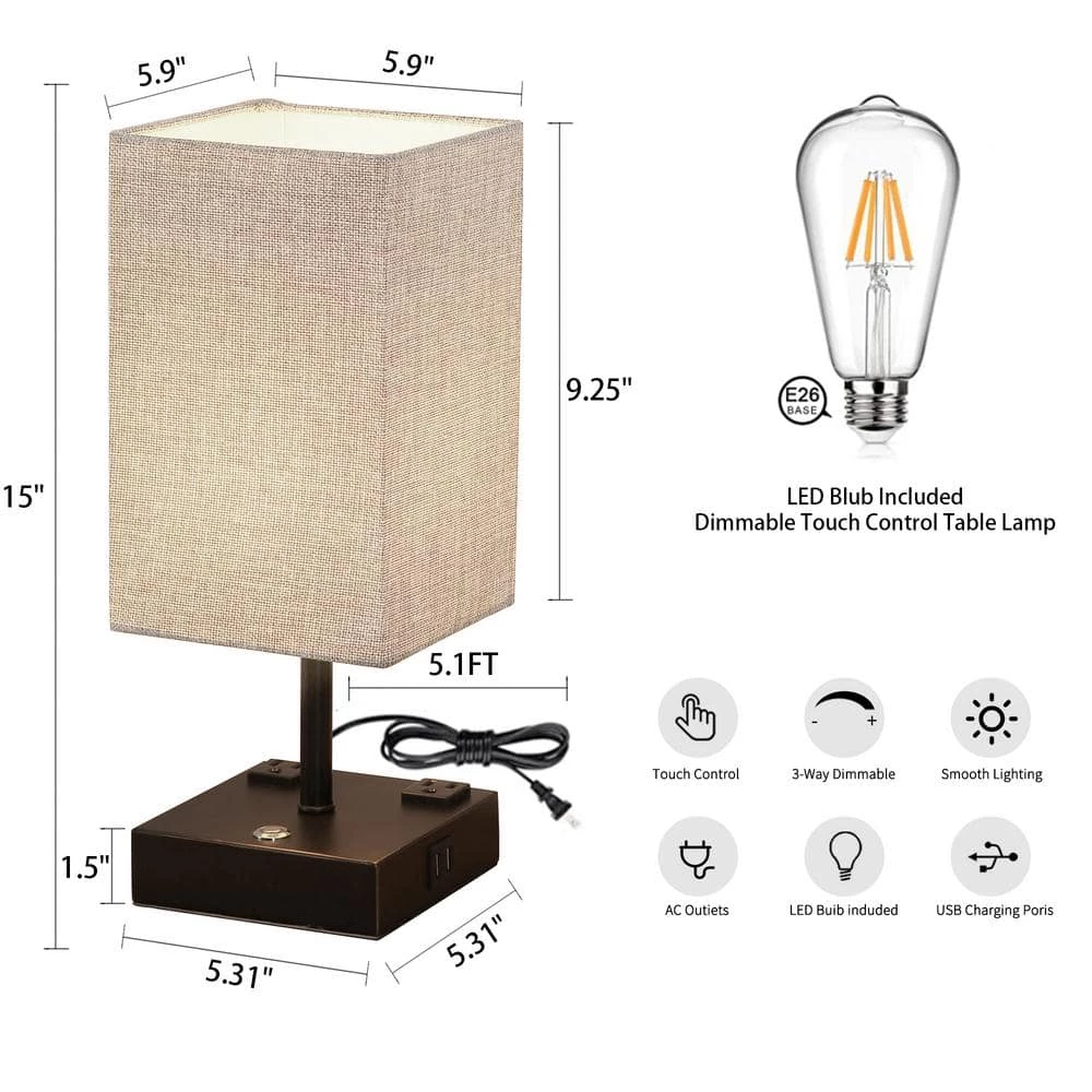 15 in. Black Desk lamp with Charging Outlet and USB Port Fabric Shade by Cedar Hill 4 15 in. Black Desk lamp with Charging Outlet and USB Port Fabric Shade by Cedar Hill - Image 2