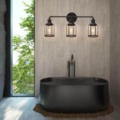 24 in. 3-Light Black Industrial Vanity with Metal Cage Wall Sconce by Cedar Hill -Bella Depot || ULTRALAST GREEN Sales black cedar hill vanity lighting 412505 1f 1000
