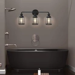 24 in. 3-Light Black Industrial Vanity with Metal Cage Wall Sconce by Cedar Hill -Bella Depot || ULTRALAST GREEN Sales black cedar hill vanity lighting 412505 44 1000