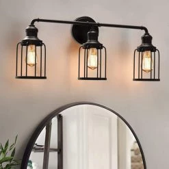 24 in. 3-Light Black Industrial Vanity with Metal Cage Wall Sconce by Cedar Hill