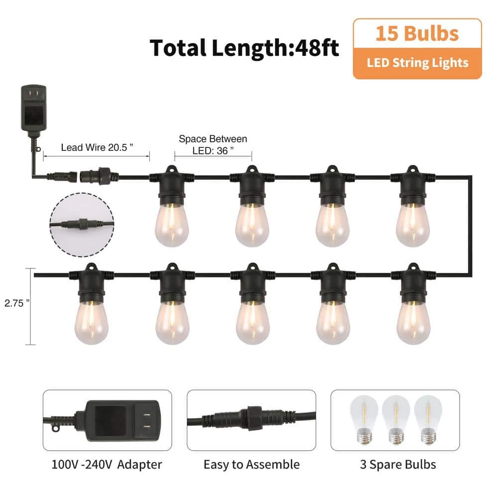 15-Light Outdoor/Indoor 48 ft. Plug-in Globe Bulb LED String Lights with S14 Single Filament Bulbs by Cedar Hill 8 15-Light Outdoor/Indoor 48 ft. Plug-in Globe Bulb LED String Lights with S14 Single Filament Bulbs by Cedar Hill - Image 7