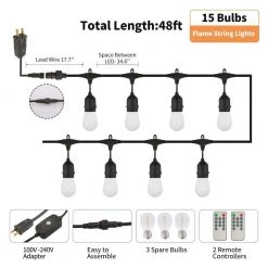 15-Light Outdoor/Indoor 48 ft. Plug-in Globe Bulb Flickering Flame String Light with Remote Decorative Lights by Cedar Hill -Bella Depot || ULTRALAST GREEN Sales black string light cedar hill string lights 108302 76 1000
