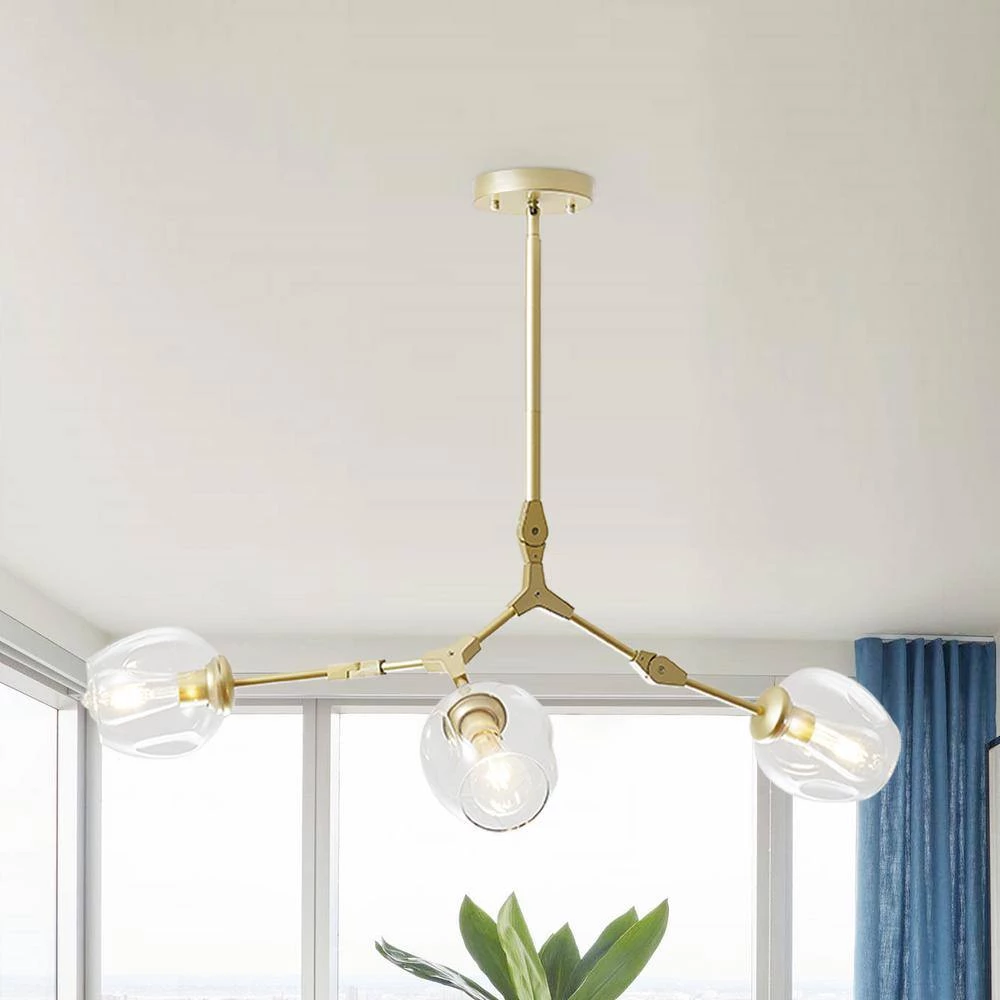 3-Light Clear Modern Linear Chandelier with Gold Adjustable Arms and Glass Shades by Bella Depot 6 3-Light Clear Modern Linear Chandelier with Gold Adjustable Arms and Glass Shades by Bella Depot - Image 4