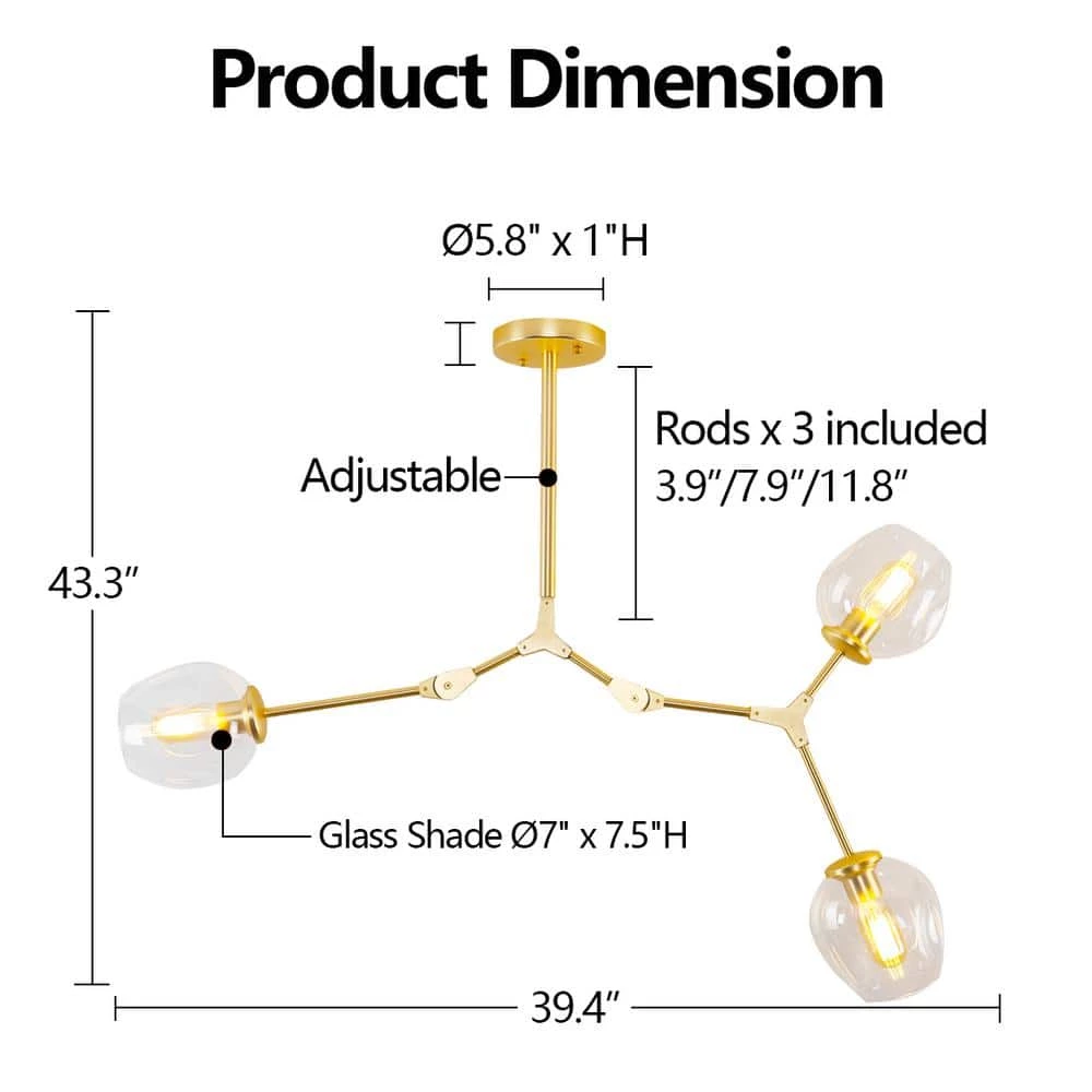 3-Light Clear Modern Linear Chandelier with Gold Adjustable Arms and Glass Shades by Bella Depot 8 3-Light Clear Modern Linear Chandelier with Gold Adjustable Arms and Glass Shades by Bella Depot - Image 6