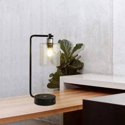 19 in. Clear Table Lamp with Wireless Charger and Glass Shade by Cedar Hill