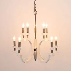 French Country 10-Light Vintage Distressed White Wood Farmhouse Candlestick Chandelier Adjustable Pendant Light by Bella Depot -Bella Depot || ULTRALAST GREEN Sales distressed white bella depot chandeliers fc4038 10w 1f 1000