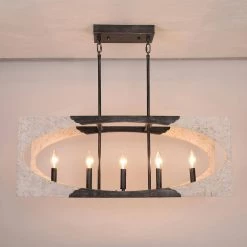 5-Light Distressed White Modern Farmhouse Wood Island Chandelier Adjustable Linear Rectangular Pendant by Bella Depot -Bella Depot || ULTRALAST GREEN Sales distressed white bella depot chandeliers fc4047 5w 44 1000