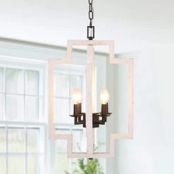 4-Light Farmhouse Distressed White Irregular Rectangle Wood Candle Chandelier Adjustable Pendant Light by Bella Depot -Bella Depot || ULTRALAST GREEN Sales distressed white bella depot chandeliers fc4052 4w 44 1000