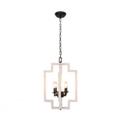4-Light Farmhouse Distressed White Irregular Rectangle Wood Candle Chandelier Adjustable Pendant Light by Bella Depot
