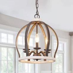 Farmhouse 6-Light Distressed White Wood Crown Caged Chandelier Vintage Candlestick Pendant with Adjustable Chain by Bella Depot -Bella Depot || ULTRALAST GREEN Sales distressed white bella depot chandeliers fc4053 6w fa 1000