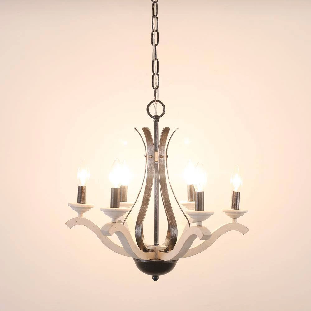 Vintage 6-Light Distressed White Farmhouse Candlestick Wood Chandelier with Adjustable Hanging Chain by Bella Depot 8 Vintage 6-Light Distressed White Farmhouse Candlestick Wood Chandelier with Adjustable Hanging Chain by Bella Depot - Image 6