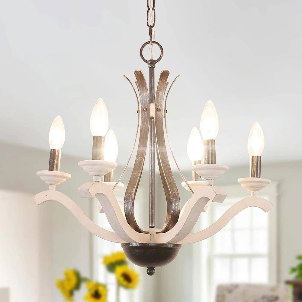 Vintage 6-Light Distressed White Farmhouse Candlestick Wood Chandelier with Adjustable Hanging Chain by Bella Depot 9 Vintage 6-Light Distressed White Farmhouse Candlestick Wood Chandelier with Adjustable Hanging Chain by Bella Depot - Image 7