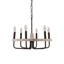 Farmhouse 6-Light Distressed White Vintage Wood Wheel Chandelier Candlestick Pendant with Adjustable Hanging Chain by Bella Depot