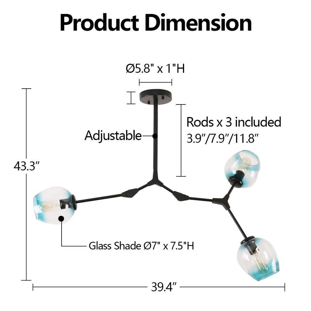 3-Light Gradient Blue Modern Linear Chandelier with Black Adjustable Arms and Glass Shades by Bella Depot 7 3-Light Gradient Blue Modern Linear Chandelier with Black Adjustable Arms and Glass Shades by Bella Depot - Image 5