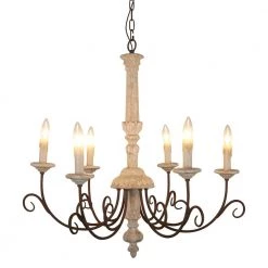 6-Light Retro White Wood Chandelier Farmhouse Candle-Style Pendant Light by Bella Depot
