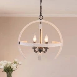 4-Light Distressed White Finish Farmhouse Wooden Chandelier Candle Style Pendant by Bella Depot -Bella Depot || ULTRALAST GREEN Sales white bella depot chandeliers fc4040 4w fa 1000